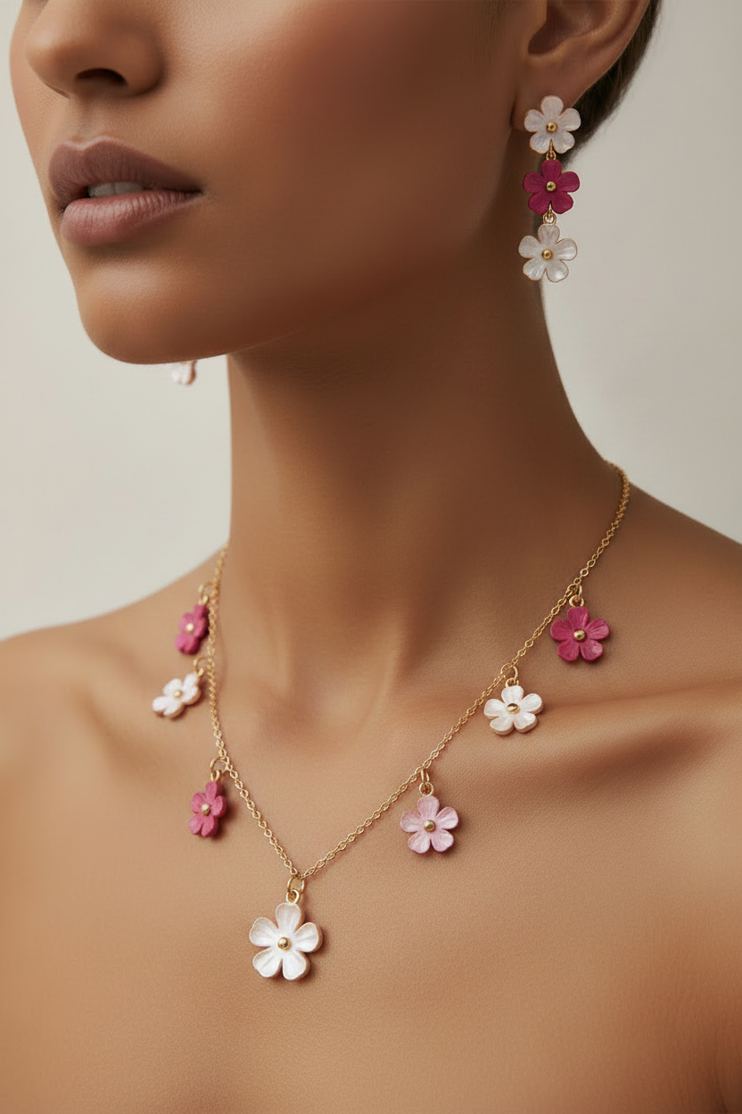 Collier fleurs fuchsia et blanc nacré